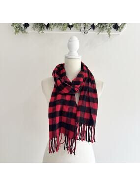 J. Crew Red Black Cashmere Buffalo Plaid Fringe Scarf